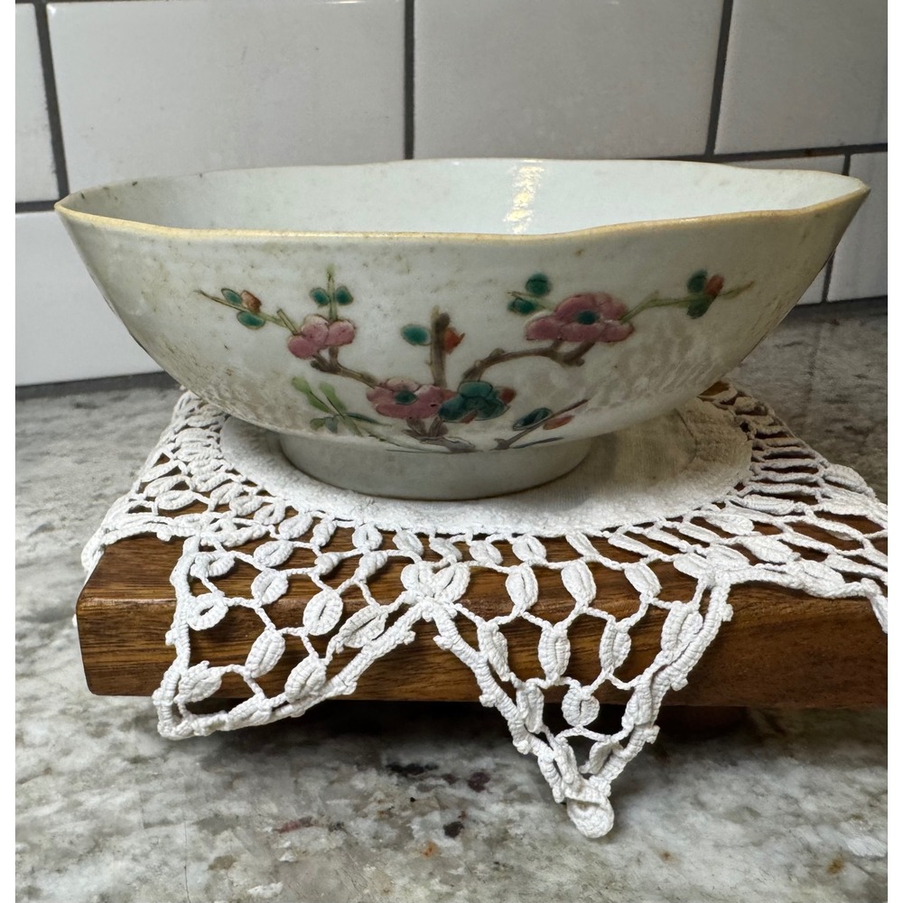 Antique Chinese Famille Rose Porcelain Floral Bowl with Red Mark & Wax Seal
